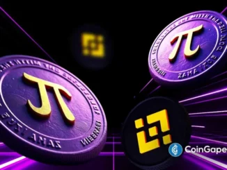 Moedas da Pi Network com símbolo π dourado em fundo roxo com efeitos de luz e logo da Binance ao fundo.