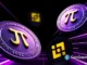 Moedas da Pi Network com símbolo π dourado em fundo roxo com efeitos de luz e logo da Binance ao fundo.