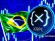 Bandeira do Brasil ao lado do logo do XRP Ledger (XRPL) com gráficos financeiros azuis ao fundo, representando a tokenização de ativos brasileiros no blockchain.