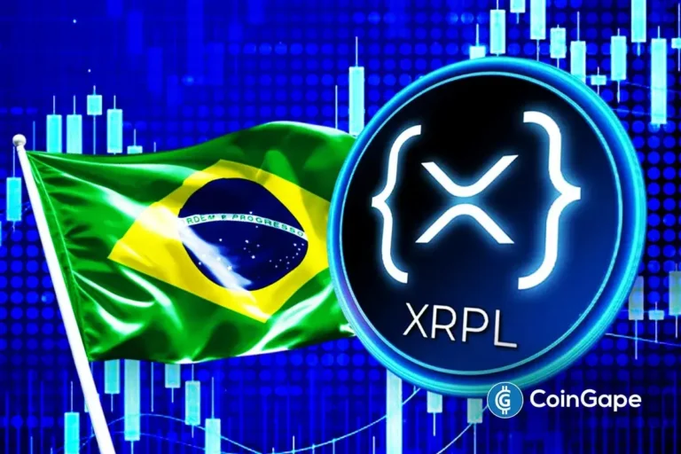 Bandeira do Brasil ao lado do logo do XRP Ledger (XRPL) com gráficos financeiros azuis ao fundo, representando a tokenização de ativos brasileiros no blockchain.