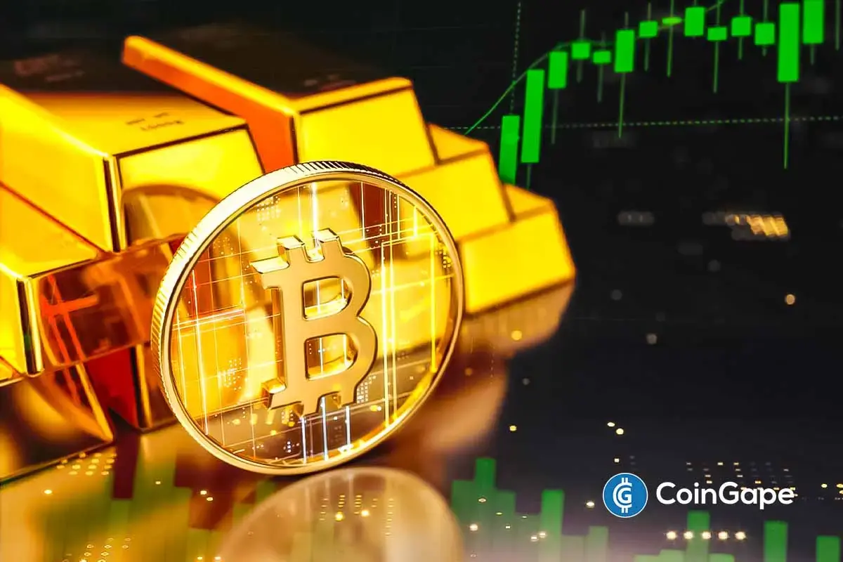 Moeda dourada do Bitcoin posicionada ao lado de barras de ouro com gráfico financeiro verde de alta no fundo.