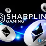 Logotipo da SharpLink Gaming com moedas de Ethereum flutuando em fundo azul tecnológico.