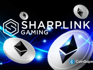Logotipo da SharpLink Gaming com moedas de Ethereum flutuando em fundo azul tecnológico.