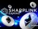Logotipo da SharpLink Gaming com moedas de Ethereum flutuando em fundo azul tecnológico.
