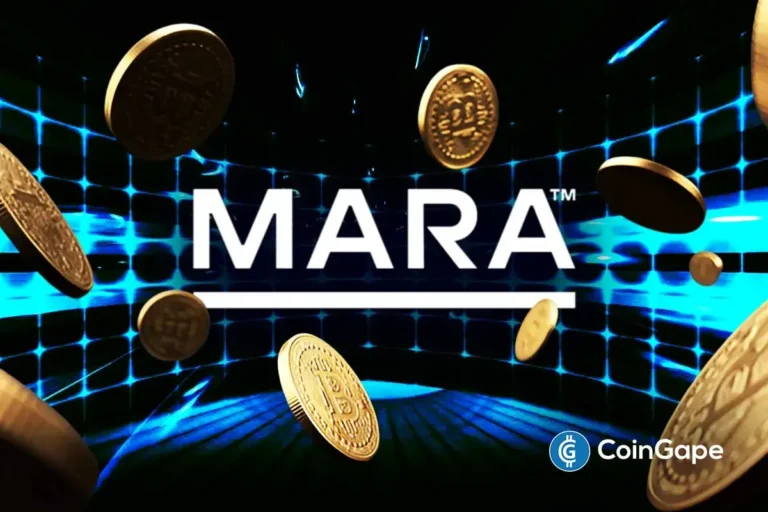 Ilustração digital mostrando o logo da MARA Holdings em destaque com várias moedas de Bitcoin douradas flutuando ao redor em fundo azul tecnológico.
