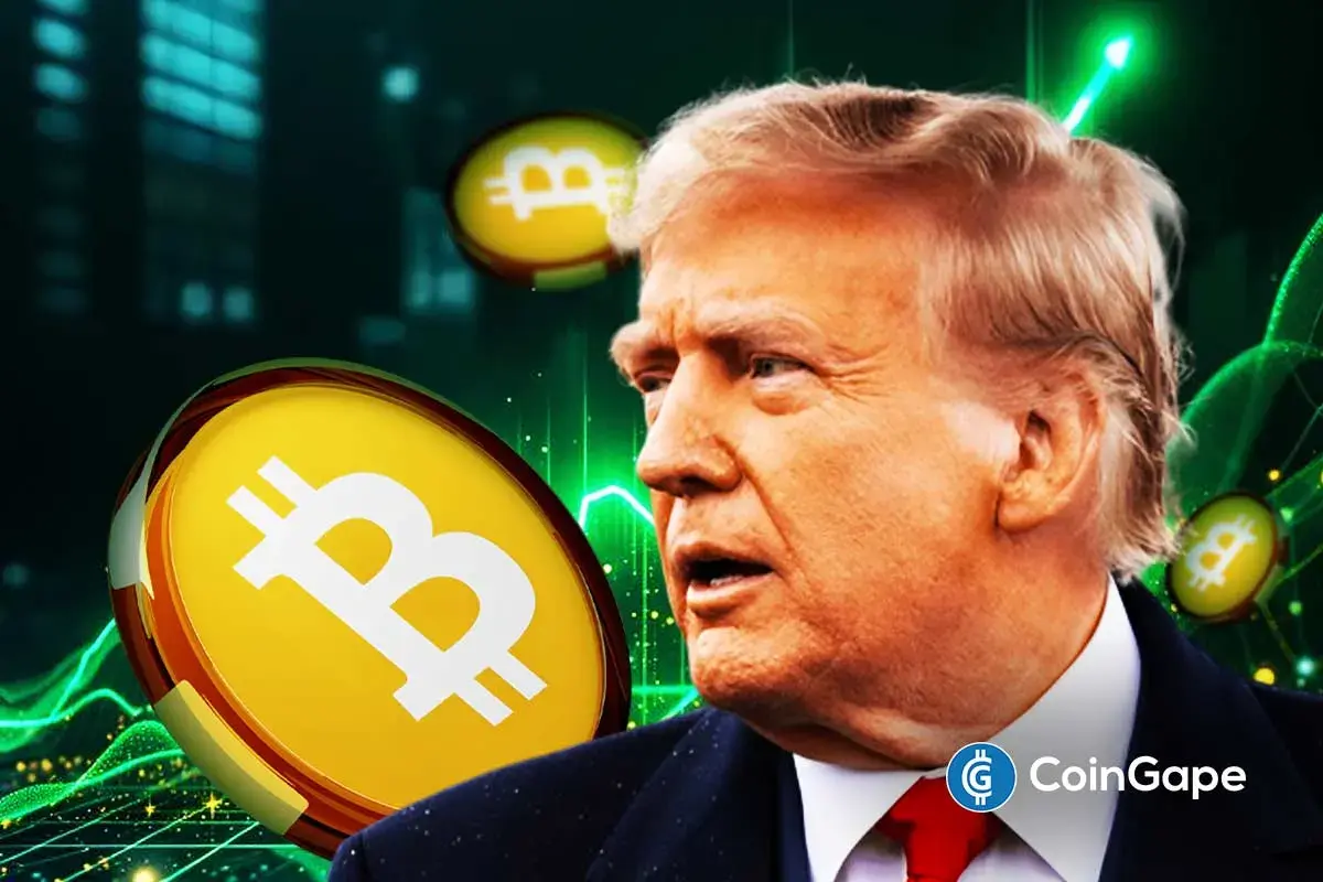Imagem conceitual mostrando perfil de Donald Trump com símbolos do Bitcoin flutuando e gráficos verdes de alta ao fundo representando investimentos em criptomoedas.