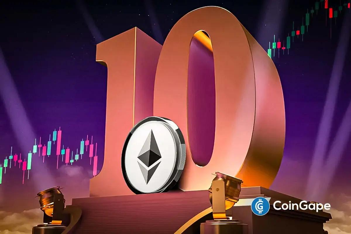 Arte 3D mostrando número "10" dourado com logo do Ethereum e gráficos de candlesticks em alta representando o aniversário de uma década.