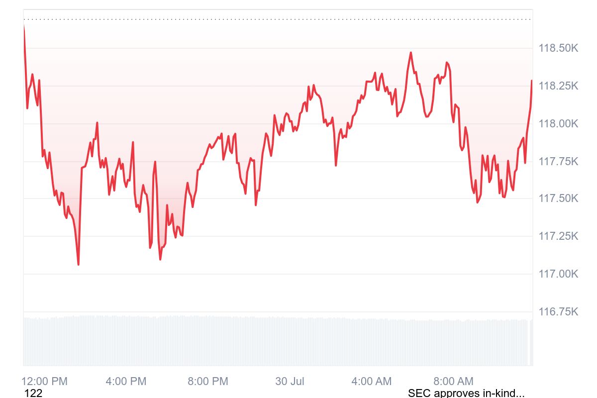 Gráfico de preço do Bitcoin em vermelho mostrando volatilidade com queda inicial seguida de recuperação parcial.