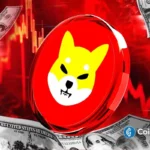 Moeda SHIB em declínio cercada por notas de dólar com gráfico vermelho baixista.
