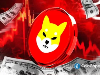 Moeda SHIB em declínio cercada por notas de dólar com gráfico vermelho baixista.
