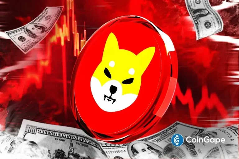 Moeda SHIB em declínio cercada por notas de dólar com gráfico vermelho baixista.