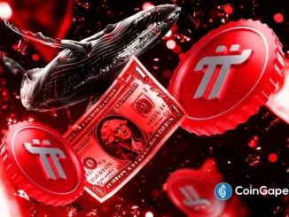 Imagem conceitual com filtro vermelho mostrando baleia preta, nota de dólar americano e símbolos da Pi Network (π) flutuando, representando a venda massiva de tokens por investidores institucionais e a pressão no preço da criptomoeda.