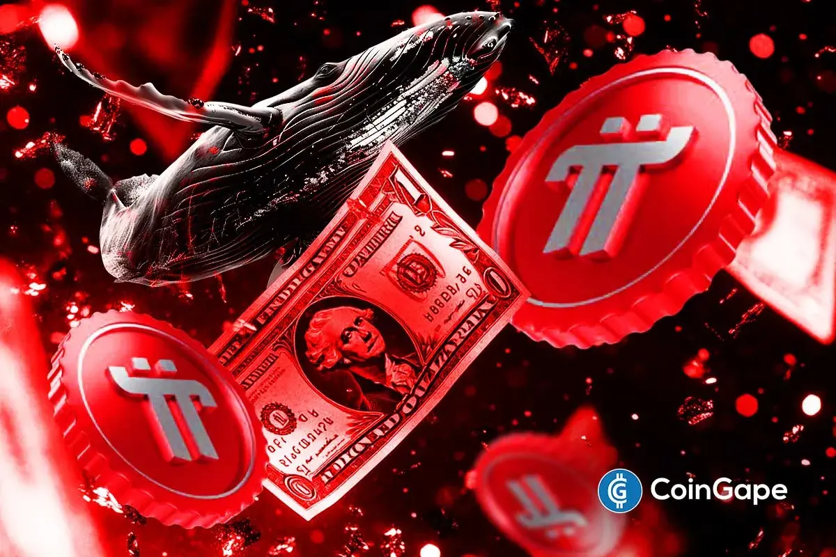 Imagem conceitual com filtro vermelho mostrando baleia preta, nota de dólar americano e símbolos da Pi Network (π) flutuando, representando a venda massiva de tokens por investidores institucionais e a pressão no preço da criptomoeda.