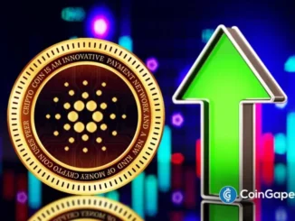 Moeda do Cardano em destaque com seta verde apontando para cima, simbolizando crescimento e otimismo no mercado.