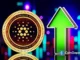 Moeda do Cardano em destaque com seta verde apontando para cima, simbolizando crescimento e otimismo no mercado.