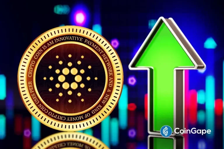 Moeda do Cardano em destaque com seta verde apontando para cima, simbolizando crescimento e otimismo no mercado.
