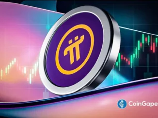 Logo do Pi Network em moeda 3D sobre fundo com gráficos de candlestick coloridos em tons roxo e azul.