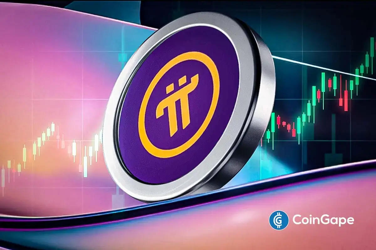 Logo do Pi Network em moeda 3D sobre fundo com gráficos de candlestick coloridos em tons roxo e azul.
