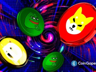 Arte digital mostrando logos das meme coins Dogecoin Shiba Inu e Pepe em espiral colorida.