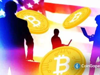 Silhuetas de pessoas com laptops e moedas Bitcoin douradas sobre fundo da bandeira dos Estados Unidos representando o mercado cripto americano.