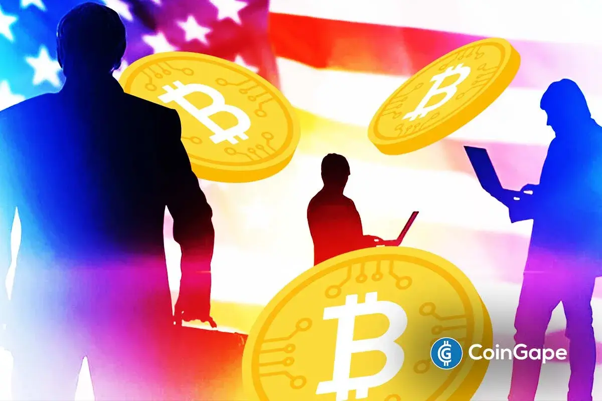 Silhuetas de pessoas com laptops e moedas Bitcoin douradas sobre fundo da bandeira dos Estados Unidos representando o mercado cripto americano.