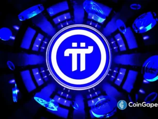 Logo circular da Pi Network em branco sobre fundo azul com elementos tridimensionais flutuando.