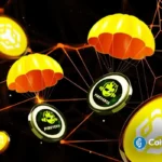 Ilustração mostra paraquedas dourados carregando tokens FIR e Fireverse em uma rede blockchain laranja brilhante.