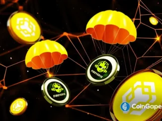 Ilustração mostra paraquedas dourados carregando tokens FIR e Fireverse em uma rede blockchain laranja brilhante.