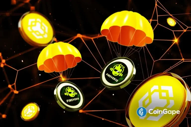 Ilustração mostra paraquedas dourados carregando tokens FIR e Fireverse em uma rede blockchain laranja brilhante.