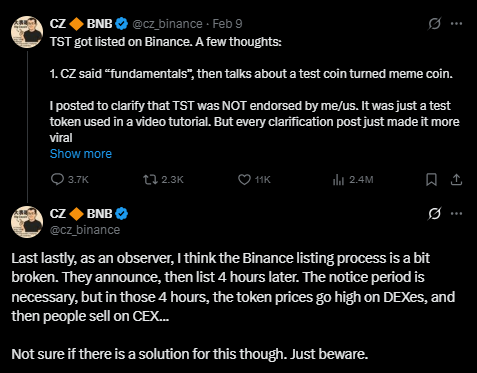Captura de dois tweets de CZ da Binance explicando problemas no processo de listagem de tokens.