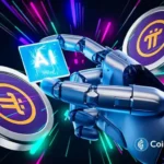 Robô futurista segurando tokens da Pi Network em ambiente tecnológico com luzes neon coloridas representando investimento em inteligência artificial.