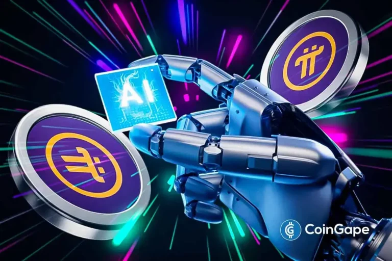 Robô futurista segurando tokens da Pi Network em ambiente tecnológico com luzes neon coloridas representando investimento em inteligência artificial.