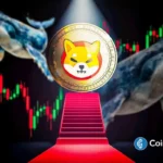 Moeda do Shiba Inu em pedestal dourado com baleias e gráfico financeiro ao fundo.
