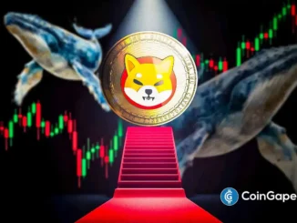 Moeda do Shiba Inu em pedestal dourado com baleias e gráfico financeiro ao fundo.