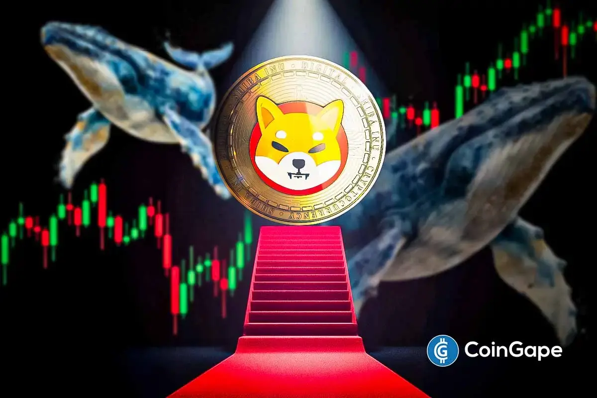 Moeda do Shiba Inu em pedestal dourado com baleias e gráfico financeiro ao fundo.