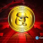 Logo oficial da Pepe coin com sapo Pepe dourado sobre fundo vermelho indicando tendência de baixa.