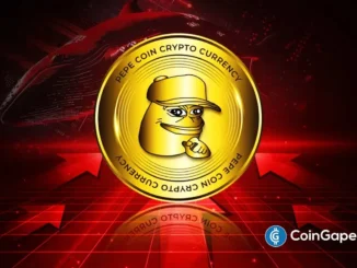 Logo oficial da Pepe coin com sapo Pepe dourado sobre fundo vermelho indicando tendência de baixa.