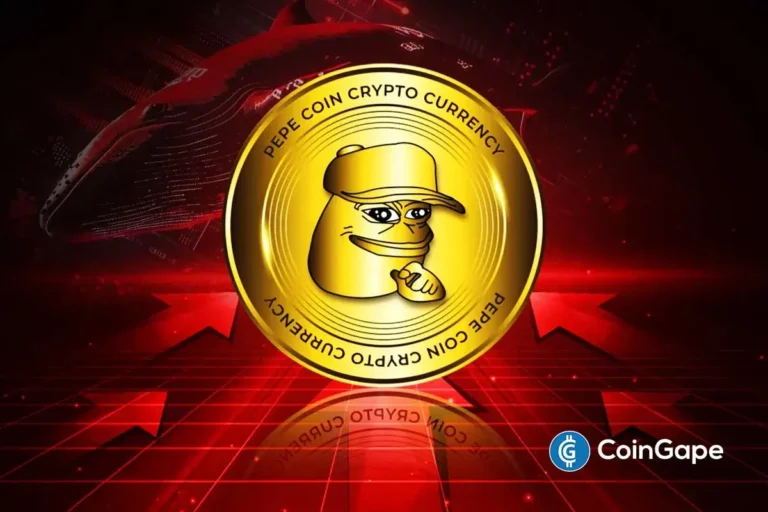 Logo oficial da Pepe coin com sapo Pepe dourado sobre fundo vermelho indicando tendência de baixa.