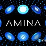 Logo do Banco AMINA cercado por tokens SUI em fundo estrelado azul.