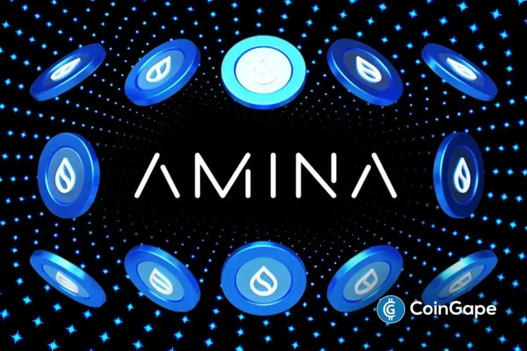 Logo do Banco AMINA cercado por tokens SUI em fundo estrelado azul.