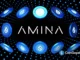 Logo do Banco AMINA cercado por tokens SUI em fundo estrelado azul.