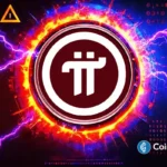 Logo da Pi Coin em destaque com efeitos visuais de raios e energia, simbolizando movimento no mercado de criptomoedas.