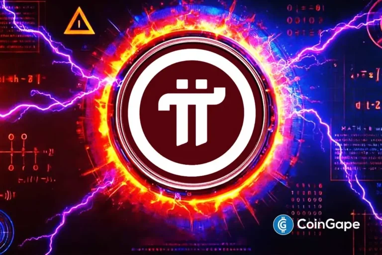 Logo da Pi Coin em destaque com efeitos visuais de raios e energia, simbolizando movimento no mercado de criptomoedas.