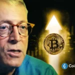 Peter Brandt, trader veterano de óculos, ao lado de símbolo do Bitcoin dourado com efeito luminoso.