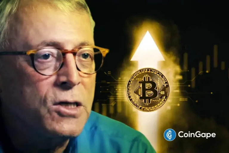 Peter Brandt, trader veterano de óculos, ao lado de símbolo do Bitcoin dourado com efeito luminoso.