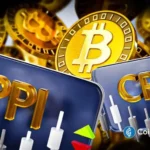 Imagem 3D com símbolo Bitcoin dourado e letras PPI e CPI em destaque com gráficos de velas ao fundo.