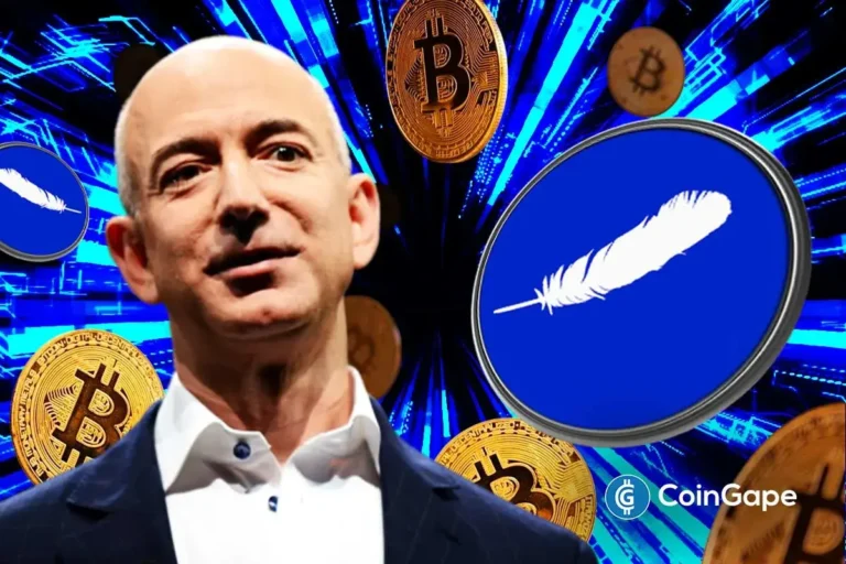 Jeff Bezos em traje formal cercado por moedas Bitcoin e logo da Blue Origin com pena branca em fundo azul tecnológico.
