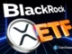 Imagem conceitual mostrando o logo da BlackRock, símbolo do XRP e texto ETF em estilo futurista com fundo azul.