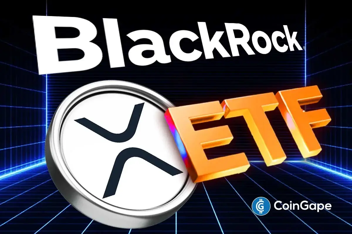 Imagem conceitual mostrando o logo da BlackRock, símbolo do XRP e texto ETF em estilo futurista com fundo azul.