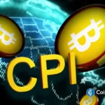 Ilustração conceitual mostrando símbolos do Bitcoin e texto CPI em fundo tecnológico digital.